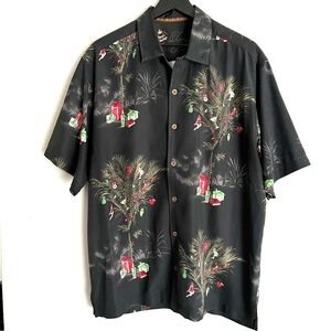 Tommy Bahama Men’s Christmas Silk Wool Camp Shirt Size L Black Seasons Greetings